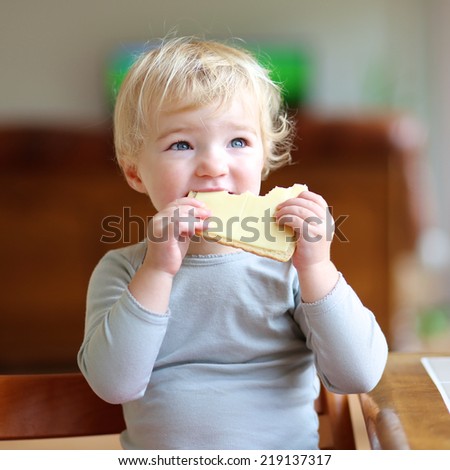 Funny little child, blonde toddler girl, sitting on high feeding chair in the kitchen eating sandwich, bread with butter and cheese, for breakfast on a sunny morning