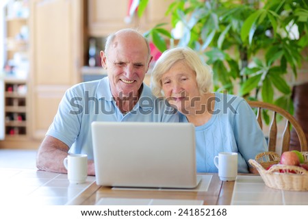 Two smiling people, active senior couple, enjoying modern technology using laptop computer with wireless internet at home
