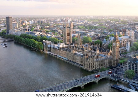 Beautiful panoramic scenic view on London's southern part from window of London Eye tourist attraction wheel cabin cityscape Westminster Abbey Big Ben Houses of Parliament and Thames river Beautiful panoramic scenic view on London's southern part from window of London Eye tourist attraction wheel cabin cityscape Westminster Abbey Big Ben Houses of Parliament and Thames river