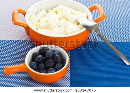 Small orange bowl with fresh cottage-cheese and blueberry
