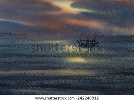 Quiet sea in dark with fishing boat , watercolor painting