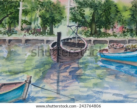 Original watercolor painting of canal boats still on canal