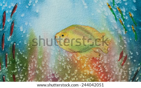 Original watercolor painting of  Beautiful fish under the ocean