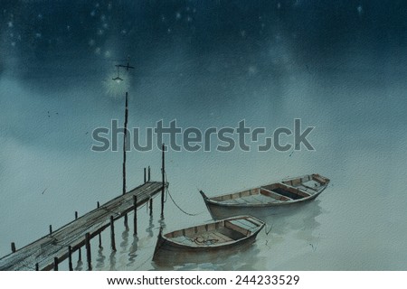 Original watercolor painting of Two boats still on quiet lake water in silent night
