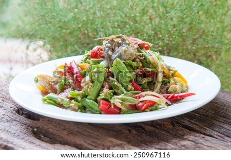 Long beans salad with pickled fish so famous food of Thailand