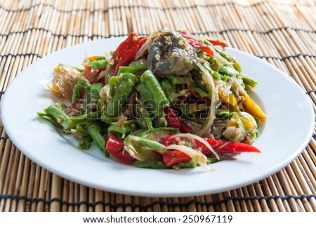 Long beans salad with pickled fish so famous food of Thailand