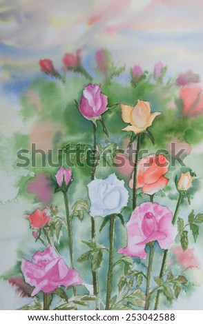 Colorful roses in the garden ; Watercolor painting.
