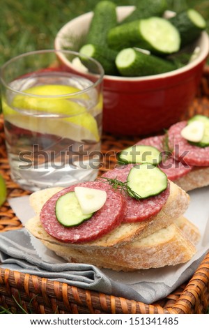 Sandwiches with smoked sausage and homemade fresh salted cucumbers in the bowl