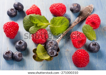 Berries on Blue Wooden Background. Summer or Spring Organic Berry over Wood. Raspberries, Blueberry, Vintage Spoon and Mint. Agriculture, Gardening, Harvest Concept