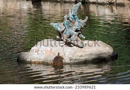 turtle climbs on a stone