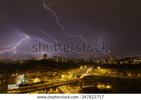 beautiful lightning in the night sky over Haifa