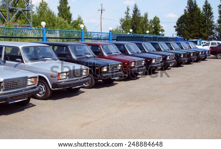 MOSCOW. RUSSIA - JULY 17, 2012: New russian cars are lined up. Auto Service is the official dealer of Auto VAZ
