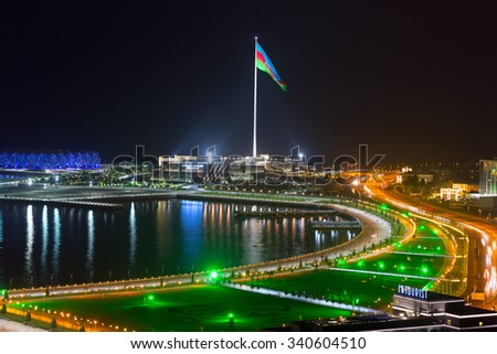 Baku, Azerbaijan - September 23, 2015: Night view of the city of Baku. The largest flag in the world