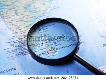 Sri Lanka on a map close up with magnifier