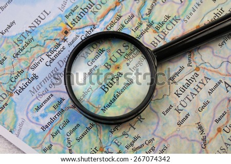Bursa Turkey map with magnifier close up