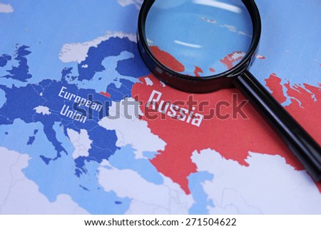 European Union and Russia map with magnifier close up