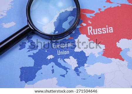 European Union and Russia map with magnifier