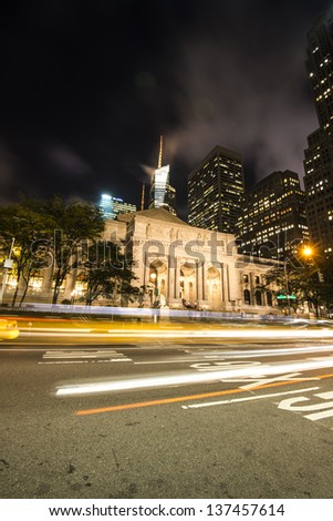 New York City Public Library at Night Long Exposure shot of blurred cars