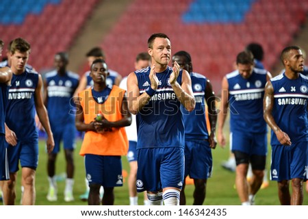 BANGKOK,THAILAND- JULY 16: John Terry and team-mate of Chelsea FC during a Chelsea FC training session at Rajamangala Stadium on July 16, 2013 in Bangkok, Thailand.