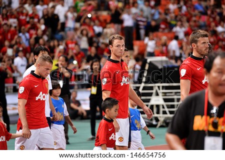 BANGKOK THAILAND-JULY13: Players of Manchester United looks on prior to the friendly match between Singha All Star XI and Manchester United at Rajamangala Stadium on July13,2013 in Thailand.