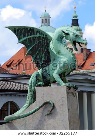 Slovenia Ljubljana Dragon at Zmajski most vertical