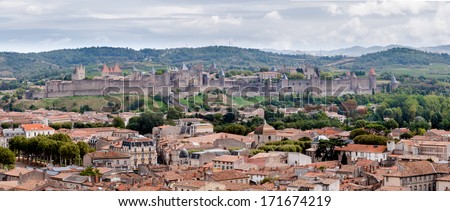 Carcassonne old and new city panoramic view in France