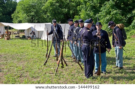 COLUMBIA, PA-JUNE 29: Union officer inspecting troops at the Civil War encampment at Columbia on June 29, 2013.  Columbia celebrates the 150th anniversary of its role in the Civil War.