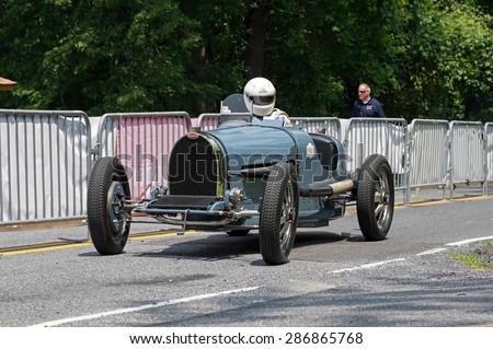 HERSHEY, PA, USA-JUNE 12, 2015:  One of two 1929 Bugatti Type 45 cars built on display at The Elegance at Hershey. The 16 cylinder engine makes it special with two crankshafts and two superchargers.