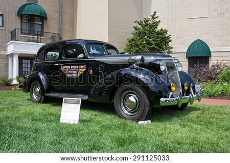 HERSHEY, PA, USA-JUNE 14, 2015:1937 Studebaker President Sedan Police Car on display at The Elegance at Hershey.  The special bullet-proof police car was used to control violent strikes at area mills.