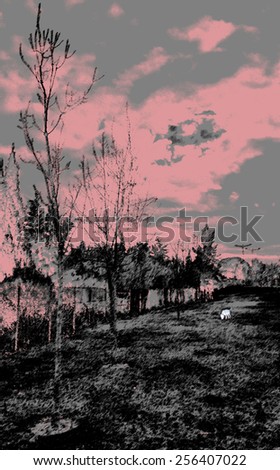 Nature - magenta and black park with white dog - Background
