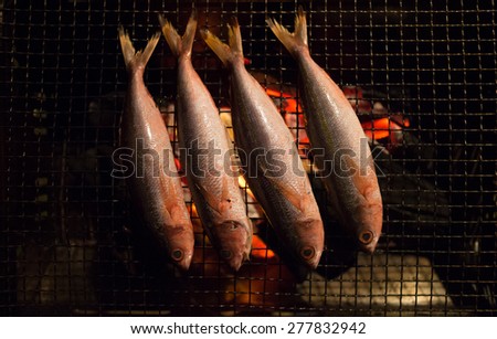 Delicious Banana fish being grilled on BBQ in Okinawa, Japan