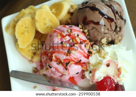 Ice cream mix chocolate strawberry  and banana ,cherry fruit