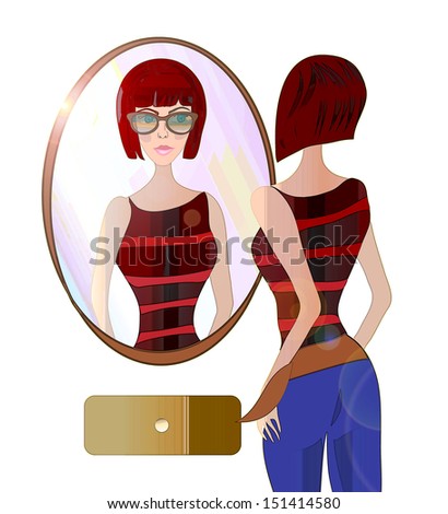 Young Woman Looking at the Mirror. Illustration of a girl with Fashionable Sunglasses, Preparing to go outside for a walk