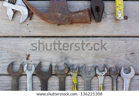 the tool set on wood background