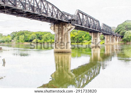 digital artwork of death railway bridge over river kwai in watercolor style