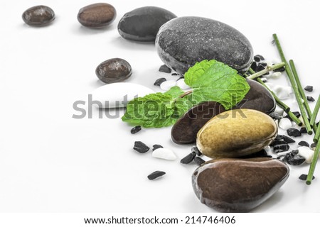 Zen stones with leaves of mint and sticks on white