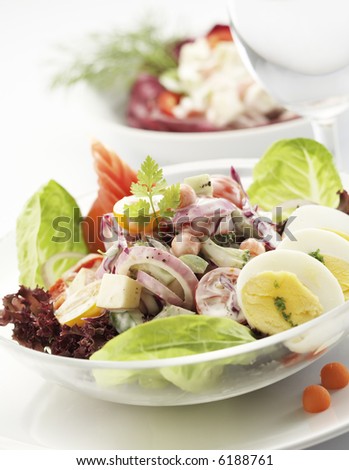 juicy salad with eggs, onion, lettuce, tomato, swallow depth of field