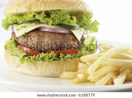 shallow depth of field, hamburger with cheese, fries and mixed vegetables