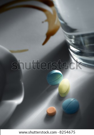 coffee stain, pills and tablet, unhealthy living