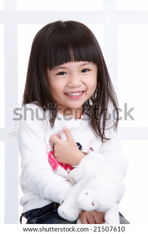 young asian girl smiling, white background