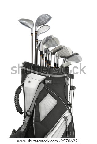 golf equipment in bag isolated on white