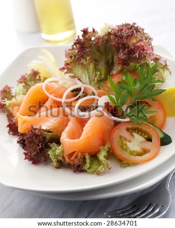 delicious salmon salad, shallow depth of field