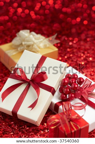 different kind of gift boxes on red background