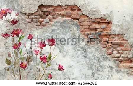 brick wall with flower painting on it