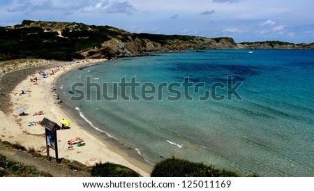 Relaxing sunny landscape in Tortuga Beach, Menorca, Balearic Islands, Spain.