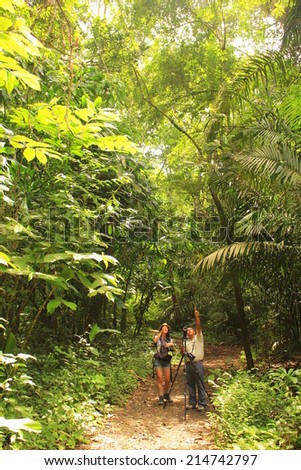 Soberania National Park, Panama - August 6th of 2014: Bird watchers and local guides seek for wildlife in this rain forest area established as a national park in 1980 covering 55,000 acres (220 km2).