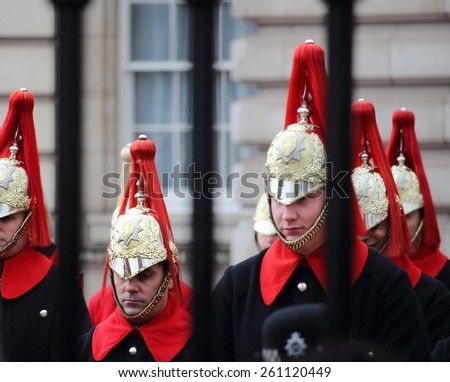 Buckingham Palace, London - February 15th of 2015: Trumpeters of the Royal Guard get ready to march during traditional Changing of the Guards ceremony at Buckingham Palace.