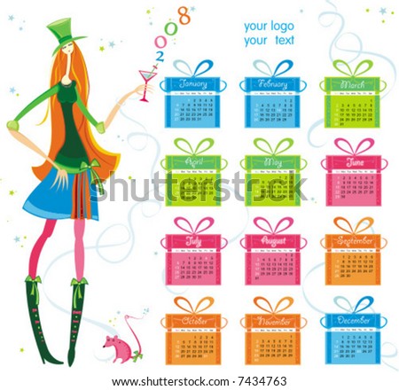  Calendar Girl on Greeting Year Of The Rat Two Little Decorative Rats On