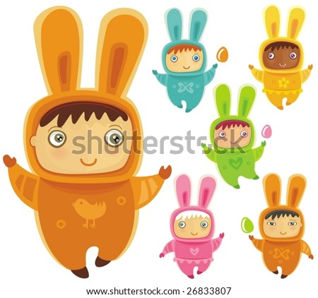 stock vector : A cute little babies dressed as an Easter Bunnies with Easter eggs