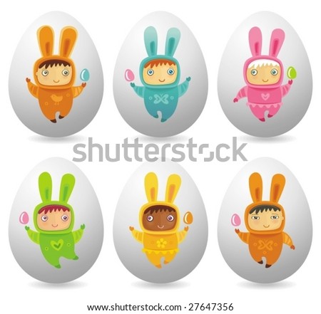 cute easter bunnies pictures. six Easter eggs with cute
